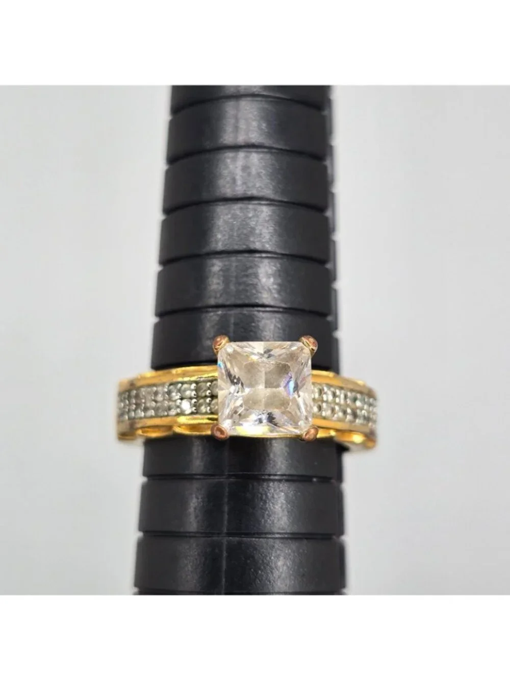 SETA Vintage Faux Engagement Ring Gold Tone Princess cut Rhinestone Sz 8 Signed